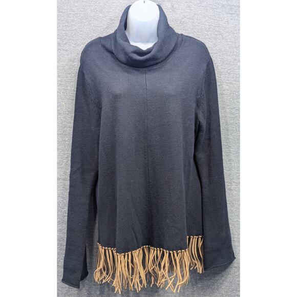 KIAL Womens Sweater - Black, Pullover, Turtle Neck, Leather Fringe, Western, M - Picture 1 of 4